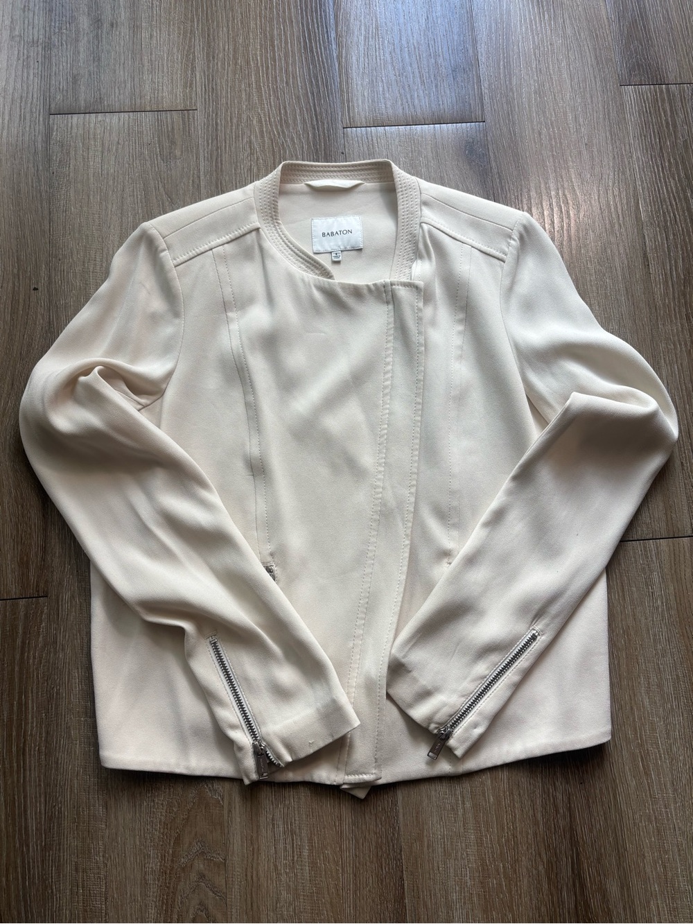 Babaton Ivory Collarless Zip-Sleeve Bomber Jacket